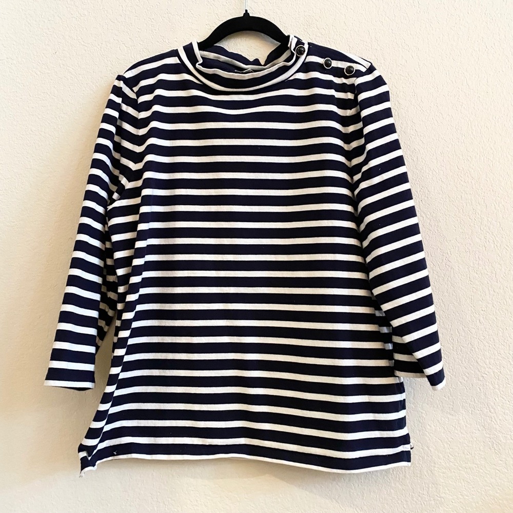 Talbots Womens Striped Mock Neck 3/4 Sleeve Tunic Top Size XL Black White Cotton